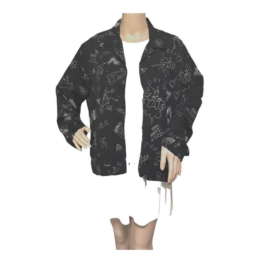VTG Chico's Design Novelty Love Smile Graffiti Jacket Top 2 L Black Silk Linen